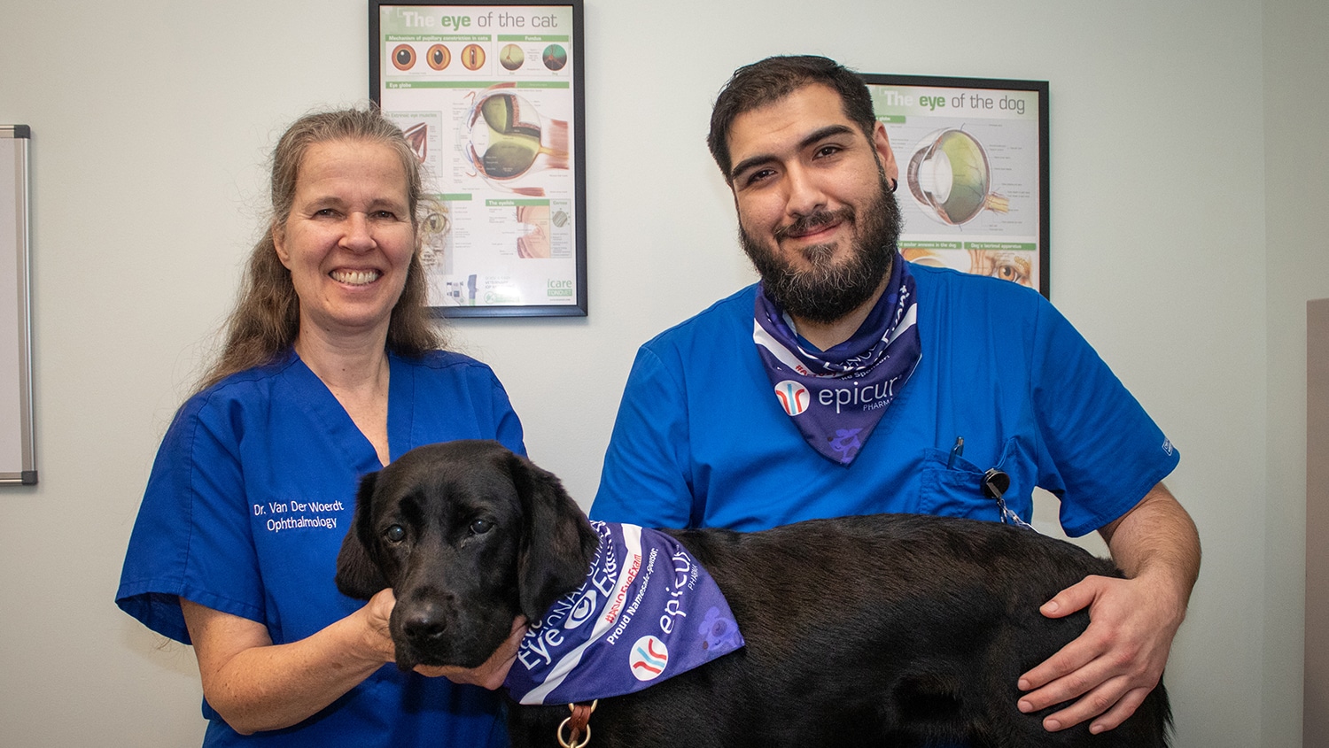 Two veterinary professionals with a seeing eye dog