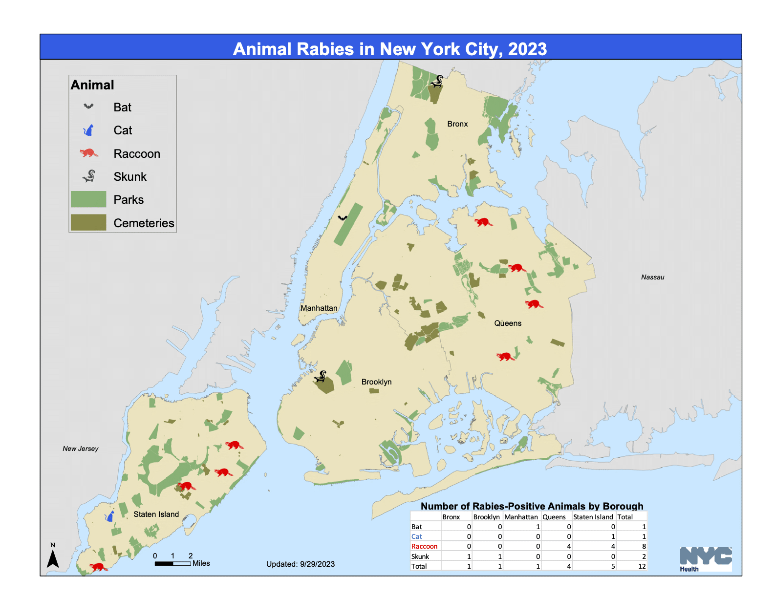 A map showing animal rabies in New York City, 2023