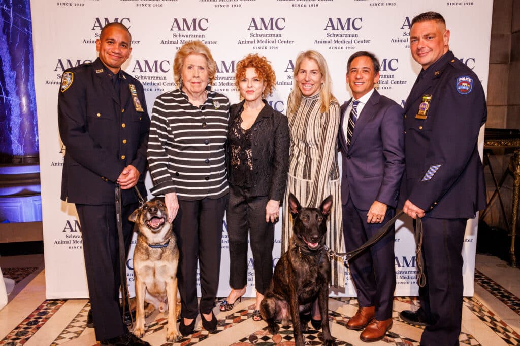 Detective Paul Urquiaga with K9 Louie, Lisa Schiff, Bernadette Peters, Ashley Schiff, Mike Ramos, and Detective Ronald Spalazzi with K9 Mos